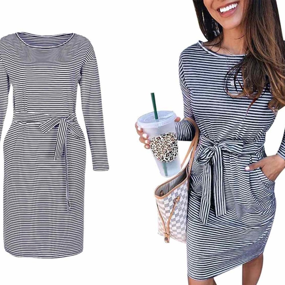 NWT Ecowish Women’s Navy and White Stripe Long Sleeve Cotton Dress - size Medium